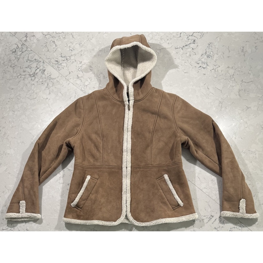 Faded Glory Faux Shearling Suede Hooded Jacket Womens L 12-14 Brown Sherpa Lined